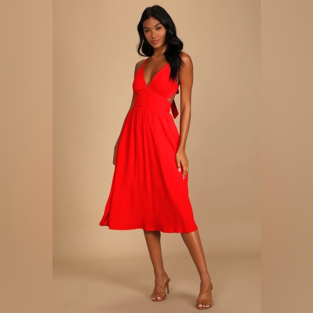 Bright Red Midi Dress With Pockets